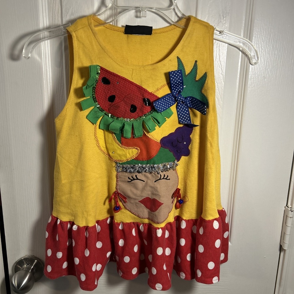 Vintage Claire Lynn Dallas Youth Girls S Appliqué Dress Bows Fruit Sleeveless